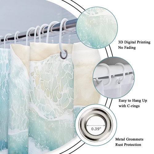 Riyidecor Beach Ocean Wave Shower Curtain for Bathroom Decor 72Wx72H Teal Blue Coastal Nautical Sea Abstract Modern Seaside Minimalist Art Printed Fabric Polyester Waterproof 12 Pack Plastic Hooks