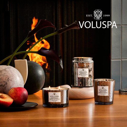 Voluspa Makassar Ebony & Peach, Small Candle Jar, 5.5 oz, 50 Hour Burn Time, Coconut Wax for Clean Burning, Handcrafted in The USA