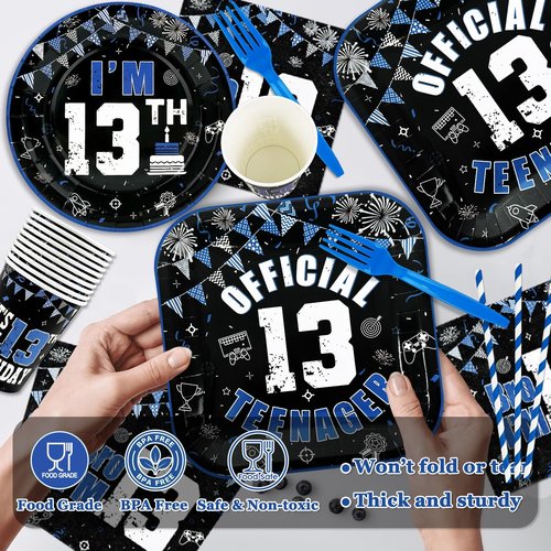 13th Birthday Decorations for Boys Black and Blue Official Teenager 13th Birthday Plates and Napkins Tablecloth Backdrop Omg Ur A Teenager Banner Topper Balloons Since 2013 Boy,Serve 25