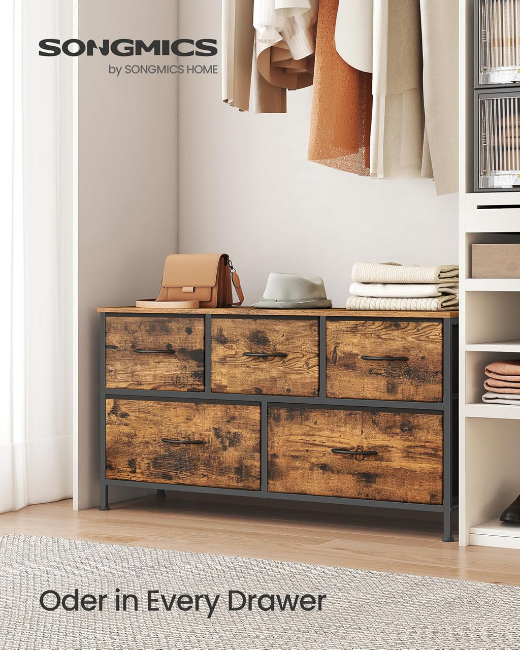 SONGMICS Dresser - 5-Drawer Chest of Drawers for Bedroom Storage | Rustic Brown & Ink Black