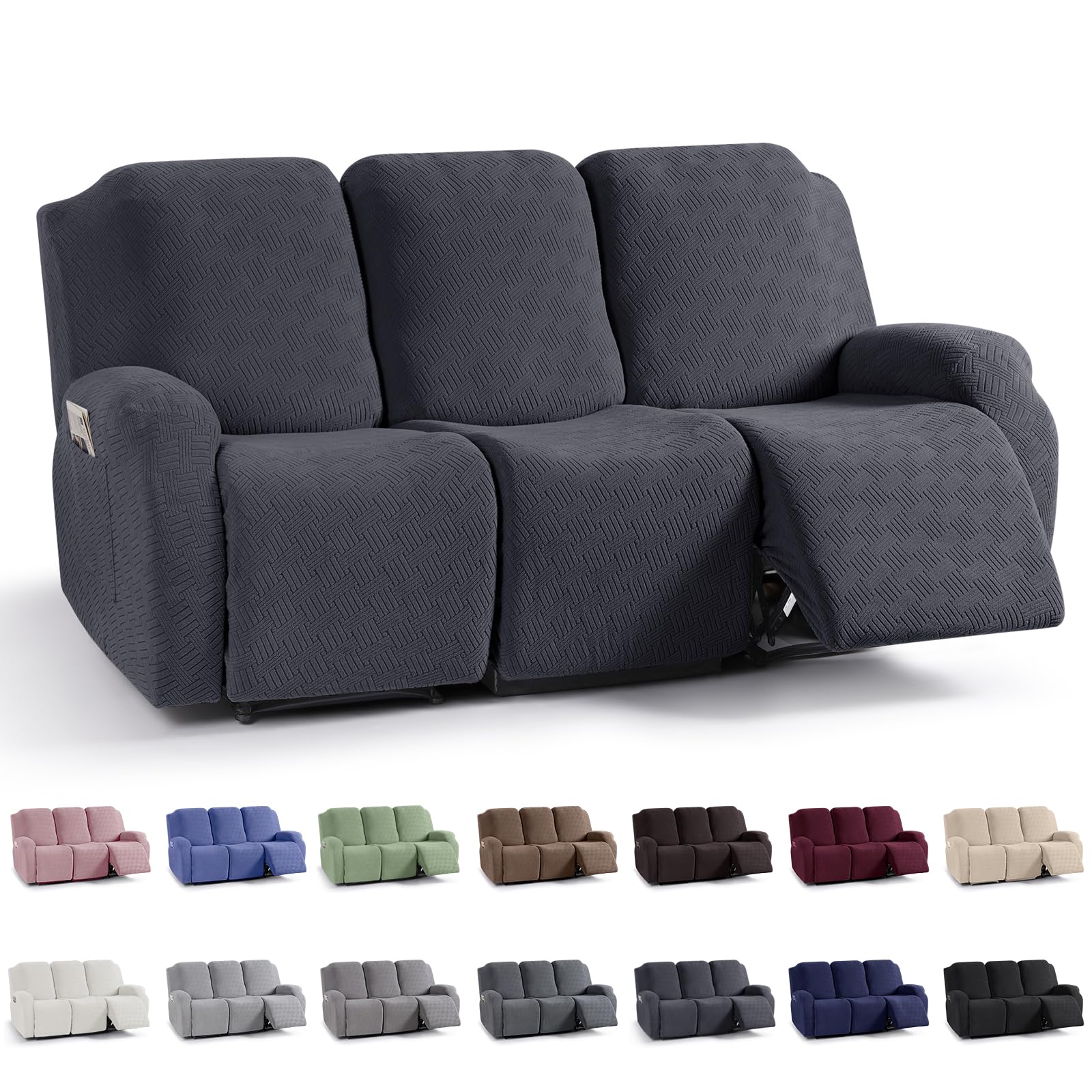 KinCam Recliner Covers, Stretch Reclining Chair Covers, Recliner Sofa Slipcovers Stripe Jacquard Recliner Couch Covers Furniture Protector Covers for Pet Kid (3 Seater, Charcoal Gray)