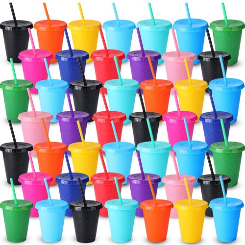 Potchen 72 Pcs Glitter Reusable Tumbler with Straws and Lids, Plastic Cup with Lids and Straws Bulk, Water Bottle Iced Coffee Cold Drink Travel Mug, Colorful Cups for Party Birthdays