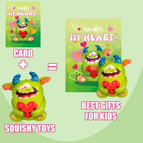 24Pcs Monster Valentines Day Gifts for Kids with Cards, Squishy Toys for Galentines School Gift Exchange, Classroom Prizes, Bag Fillers, Party Favors