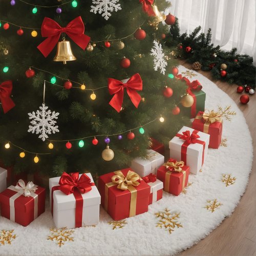 Christmas Tree Skirt 48 Inches Faux Fur Christmas Tree Skirt White with Gold Sequin Snowflakes Large Xmas Tree Skirt Christmas Tree Base Cover Party Decorations Ornaments