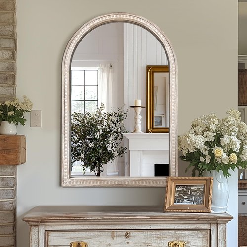 AMOISE Arched Vanity Wall Mirror 36 x 24 Inch Beaded Wood Frame Boho Farmhouse Decorative Mirror for Bathroom Bedroom Entryway Living Room