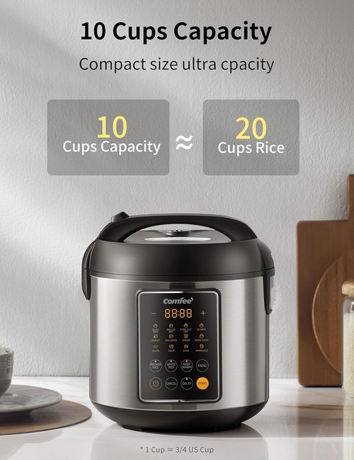 COMFEE' Rice Cooker - 14-in-1 Stainless Steel Multi Cooker with 5.3 QT Capacity | Perfect for Brown Rice, Quinoa & Oatmeal