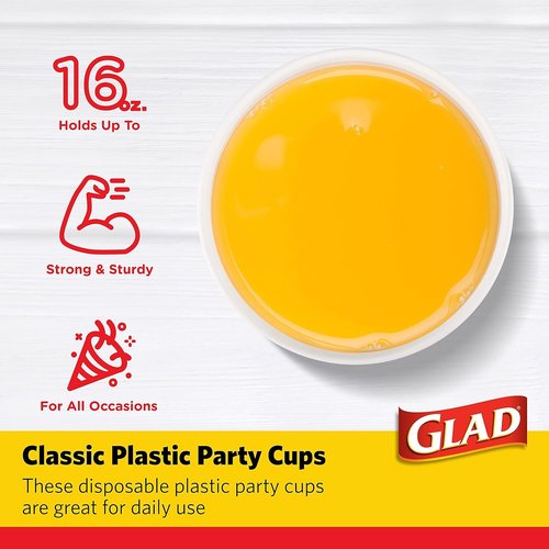 Glad Heavy Duty Disposable Plastic Cups - Sturdy Red Drinking Party Cups | 16 Ounce, 100 Count, 6 Pack