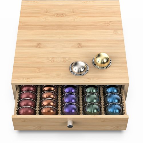 WELL WENG for Nespresso Vertuo Capsules (NV145) - Premium Bamboo Coffee Pod Drawer, 45 Big or 60 Small Vertuoline Pods Organizer - 13.25"Wx14"Dx3.9"H (Natural)