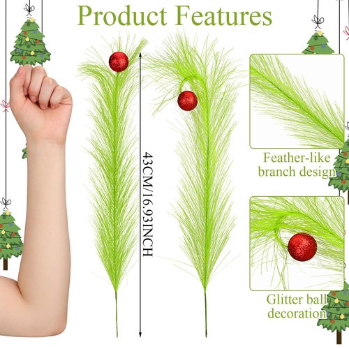 Yuxung 8 Pcs Christmas Tree Topper 17'' Lime Green Curly Tree Picks and Sprays with Red Ball Xmas Artificial Green Greenery Stems for Christmas Home Wreath Craft Vase Fillers Decoration Supplies