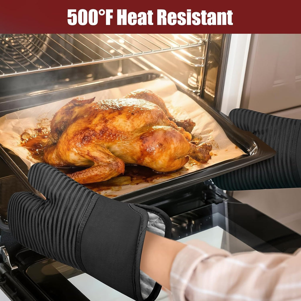 Skiennix Oven Mitts and Pot Holder Set - 500°F Heat Resistant Silicone Grip | 6 Pack Cotton Dish Towels - Black Kitchen Essentials