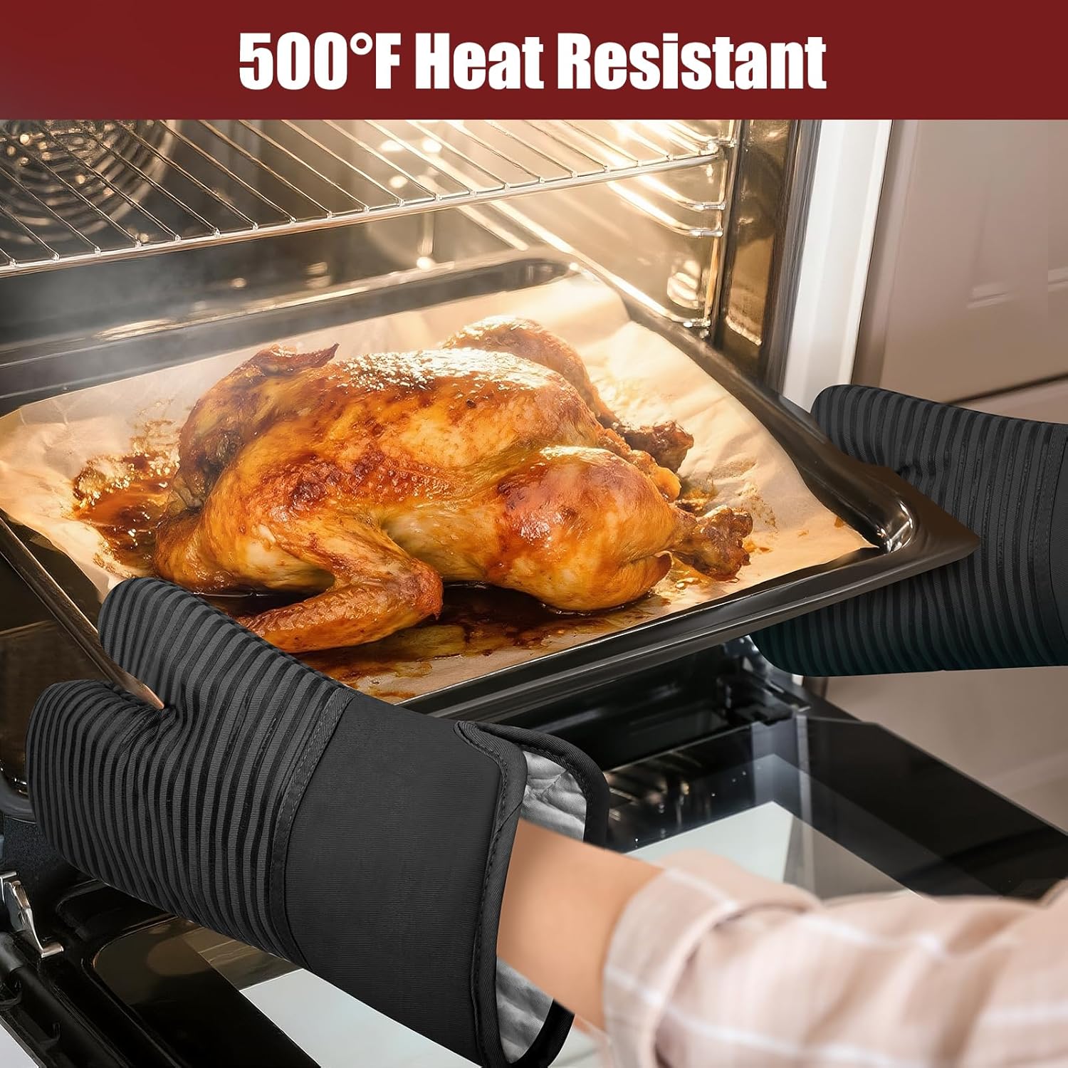 Skiennix Oven Mitts and Pot Holder Set - 500°F Heat Resistant Silicone Grip | 6 Pack Cotton Dish Towels - Black Kitchen Essentials