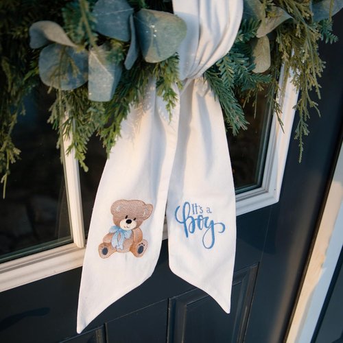 Monogrammed Wreath Sash by [Brand Name] - It's a Boy Baby Shower Decoration | Quality White Linen, 56" L x 4.5" W