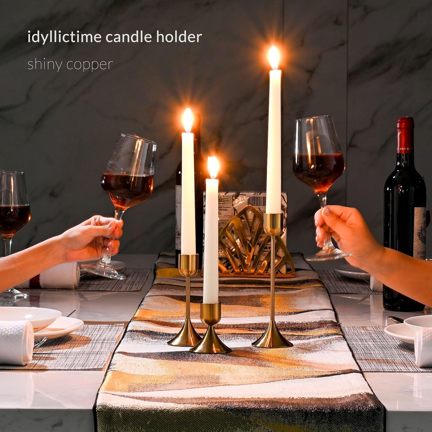 Skiennix Candle Holder - Heavy Base for Elegant Room Décor | Shiny Copper, 3-Piece Set