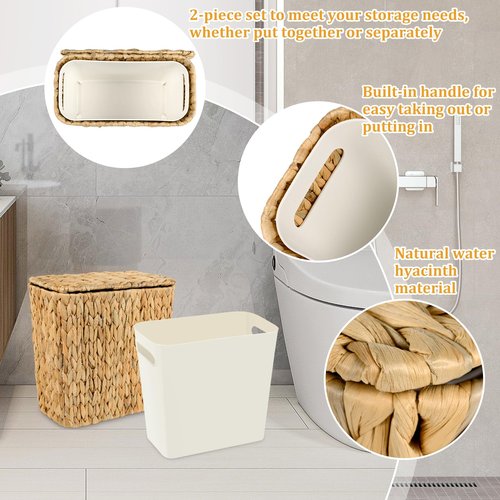 ZUNKNOD Wicker Trash Can with Lid and Liner, Handwoven Wicker Waste Basket, Water Hyacinth Bathroom Trash Can, Boho Rattan Garbage Wastebasket for Bedroom Home Living Room Office Kitchen, 2.5 Gallon
