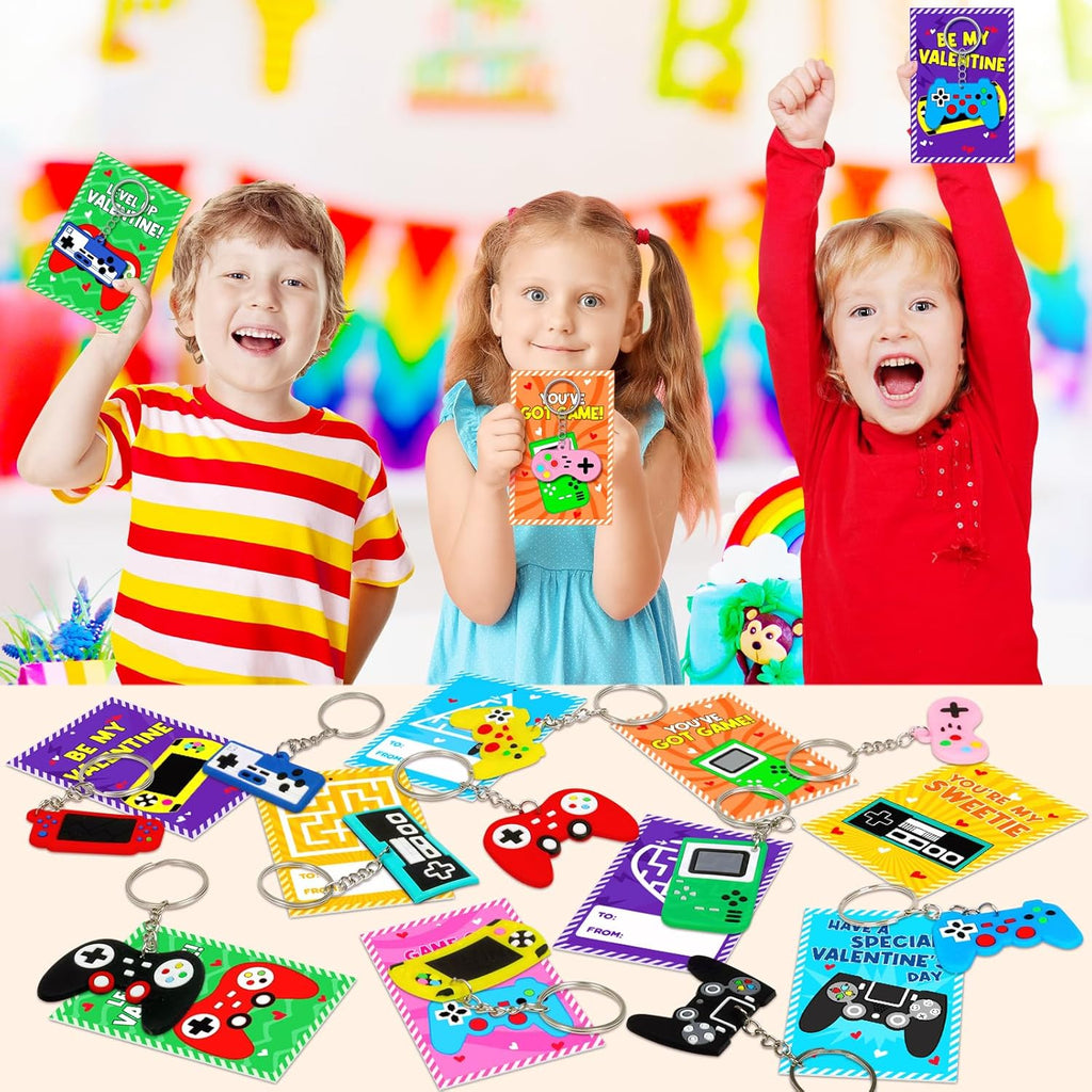 Skiennix 30-Pack Valentine's Day Cards - Fun Video Game Keychains for Kids | Perfect Classroom Exchange Gifts