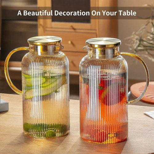 Buaic Glass Pitcher with Lid, 2 PACK 84 oz/ 2.5 Liter Amber Classic Vertical Stripes Water Pitcher,Glass Water Carafe for Cold Brew, Coffee, Lemonade, Iced Sun Tea,Beverage, Milk, Heat Resistant