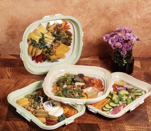 Crudités | Portable Snack Tray | Square 4-Pack | Cream White | Reversible Stretch Lid Food Containers | BPA-Free, Freezer & Dishwasher Safe | Meal-Prep, Charcuterie, Salads, Picnic, Travel