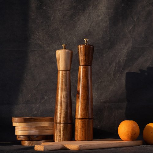 DeroTeno Salt and Pepper Mill Set, Adjustable Ceramic Grinder Salt Mill, Stainless Steel Grinder Pepper Mill, Acacia Wood, 32 cm / 12 inch Height, Bottom Dia 6cm (Tray is NOT Included)