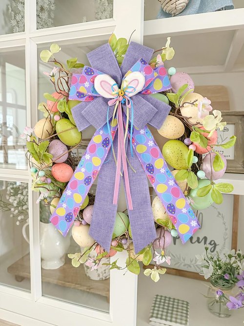BUVANE Easter Wreath Bow - Large Burlap Bunny Decor for Indoor/Outdoor Holiday Display (Purple)