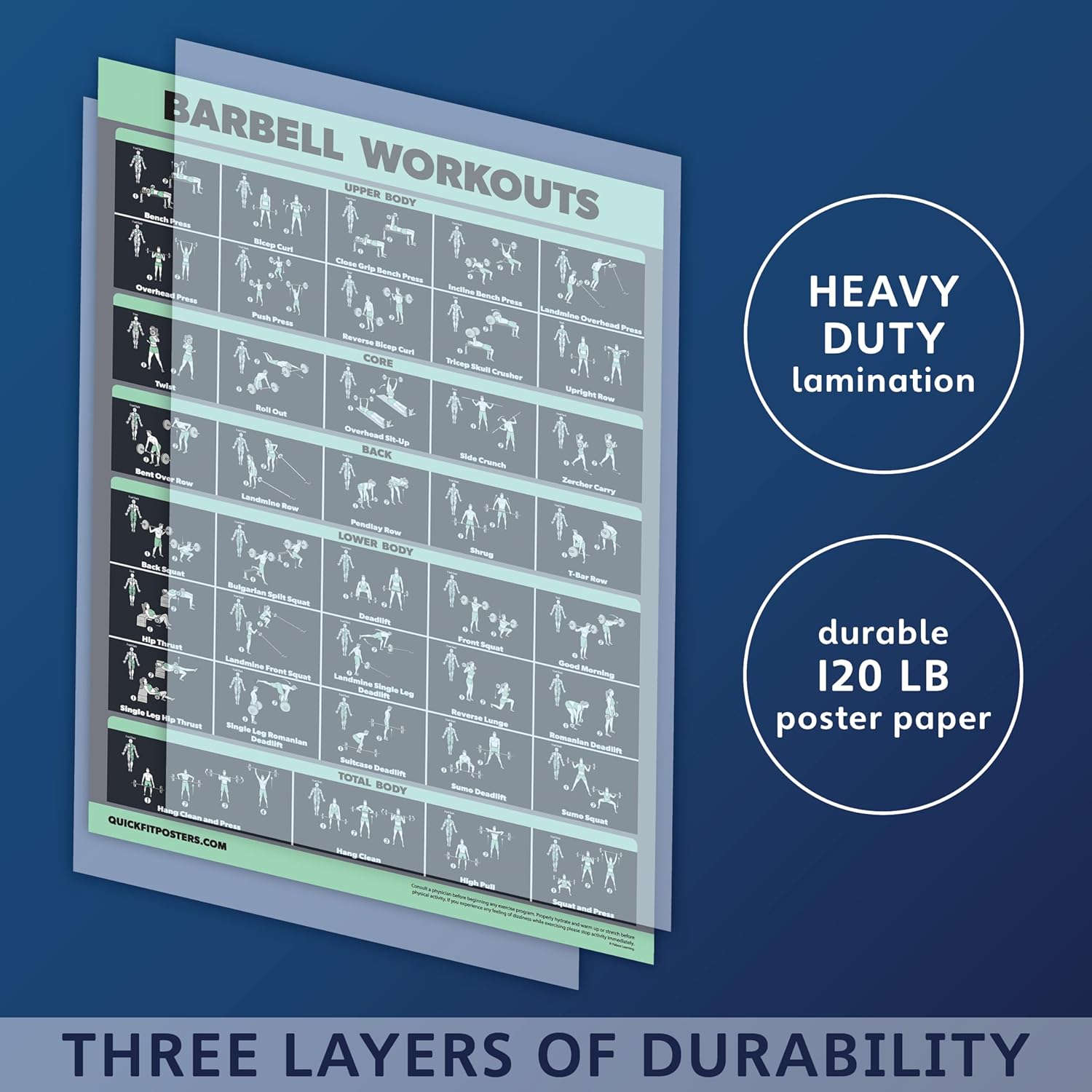 Palace Learning Dumbbell & Barbell Workout Poster Set - Laminated 2 Chart Set | 18” x 24” Size