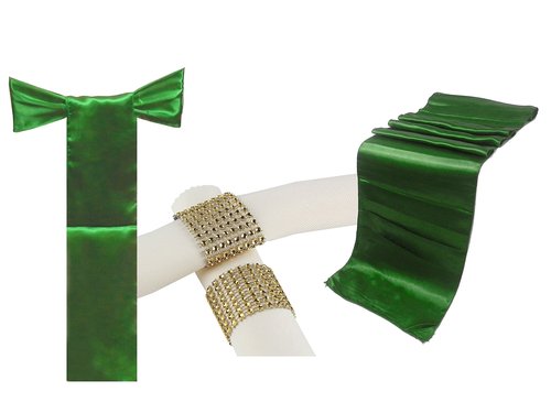 ELINA HOME Combo Pack 5 Satin Table Runner 12x108 inch & 25 Chair Bow Sash & 25 Plastic Rhinestone Napkin Rings Wedding Banquet Kitchen HomeDecor