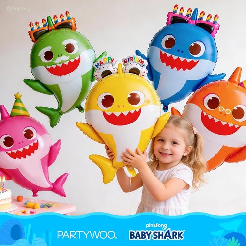 Baby Shark | PartyWoo 37-Piece Foil Balloon Set - Pink Round & Star Mylar Birthday Decorations for Kids