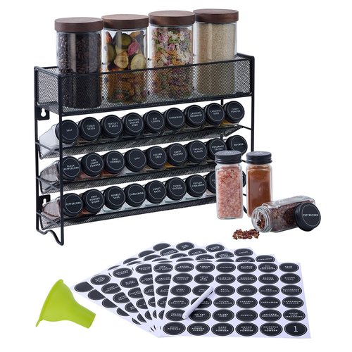 Fiwence Spice Rack Organizer with 27 Spice Jars with Black Lids, Funnel, Spice Labels, Pen, Seasoning Organizer for Cabinet, Countertop, Pantry, Kitchen,Cupboard or Door & Wall Mount