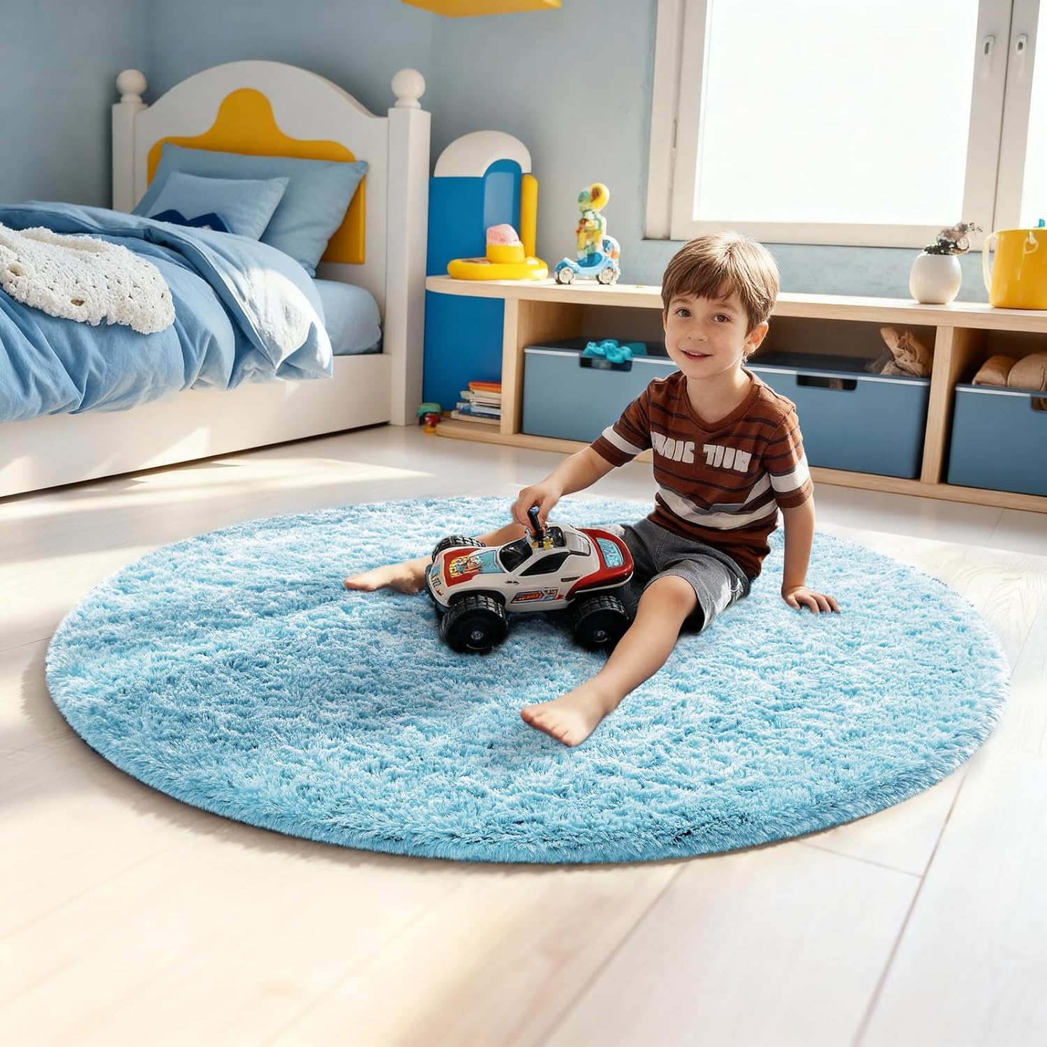 Ophanie Round Rug - Fluffy Light Blue Circle Area Rug for Kids & Teens | 4Ft Plush Shag Carpet