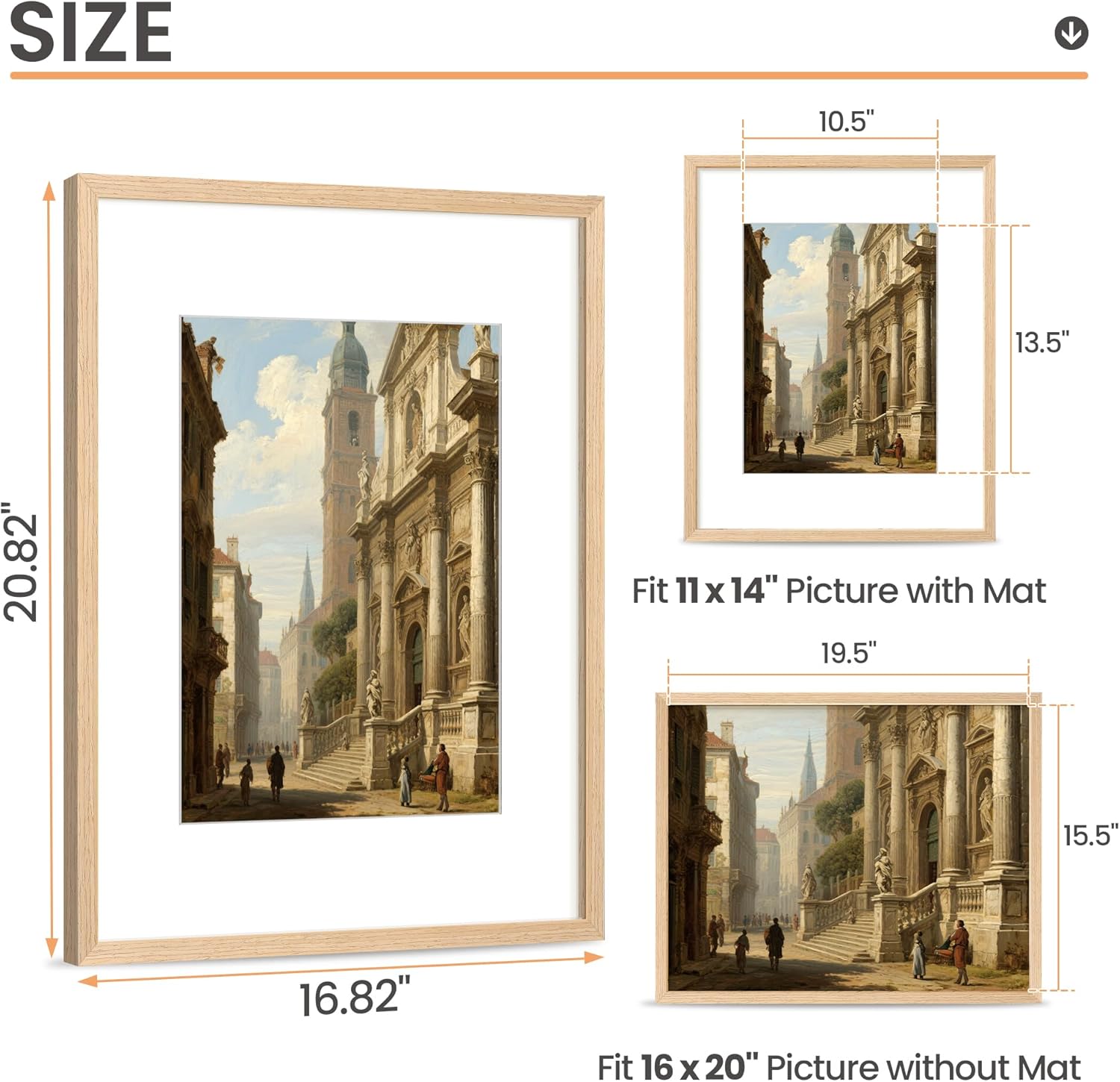 Upsimples 16x20 Picture Frames - Set of 3 Natural Solid Wood for 11x14 with Mat or 16x20 Without