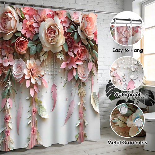 DDQQ Pink Flower Bathroom Shower Curtain Set, Romantic and Cute Rose Floral Polyester Bathroom Decor Set with Shower Curtain and Rugs and Accessories