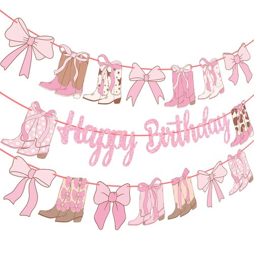 Coquette Cowgirl Birthday Banners Western Cowgirls Decorations 3PCS Boots and Bows Banner Glitter Pink Coquette Bows Birthday Decor for Girls Western Theme Baby Shower Supplies