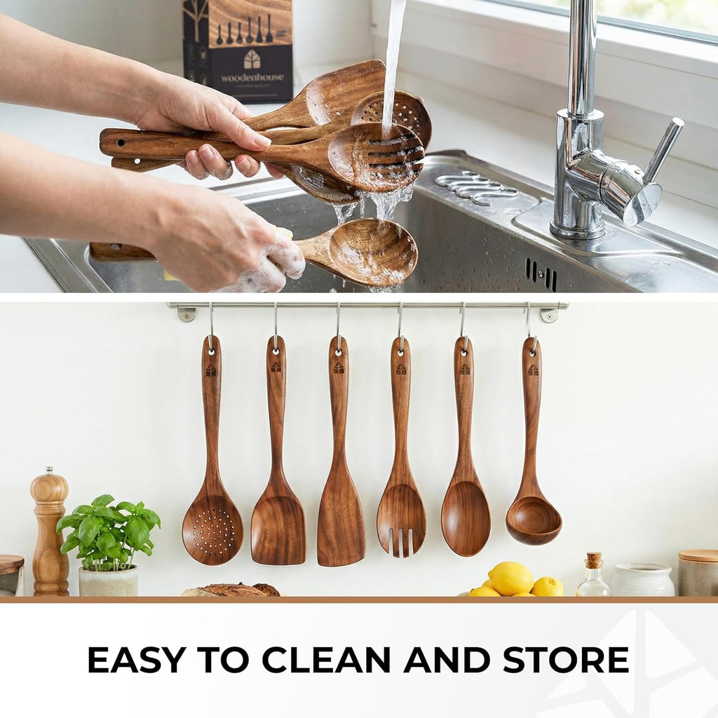 Skiennix Wooden Spoons for Cooking - 6-Piece Premium Teak Utensil Set | Durable, Nonstick, Easy to Clean