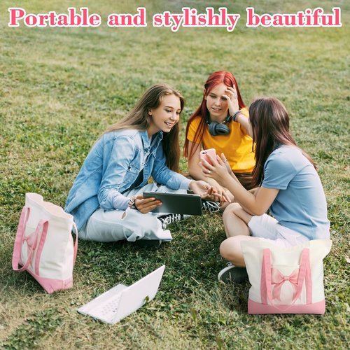 Sanwuta 12 Pcs Coquette Pink Bow Preppy Canvas Tote Bags for Women Valentine Day Large Aesthetic Canvas Bag with Pocket Reusable Grocery Shopping Tote Gifts for Work Beach Travel
