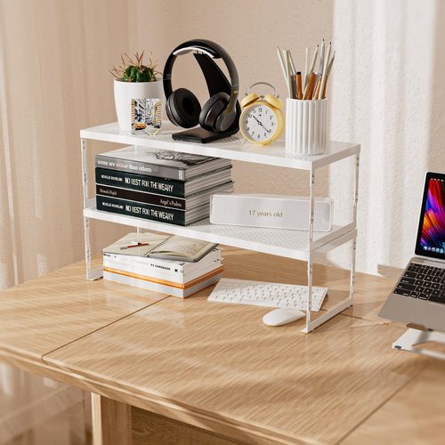 Asiingkel Stackable Expandable Metal Shelf Organizer - Adjustable Wire Storage Rack with Holes for Kitchen, Bathroom, Cabinet, Office - Space Saving, Durable & Sturdy Design（2PACKS/Medium/White