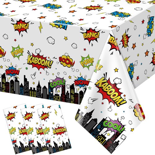 3Pcs Hero Themed Birthday Party Tablecloths Decorations,White Cityscape Super Bang Plastic Table Cover Disposable Rectangle Table Cloth for Baby Shower Kids Boys Birthday Party Supplies,54x108 Inch