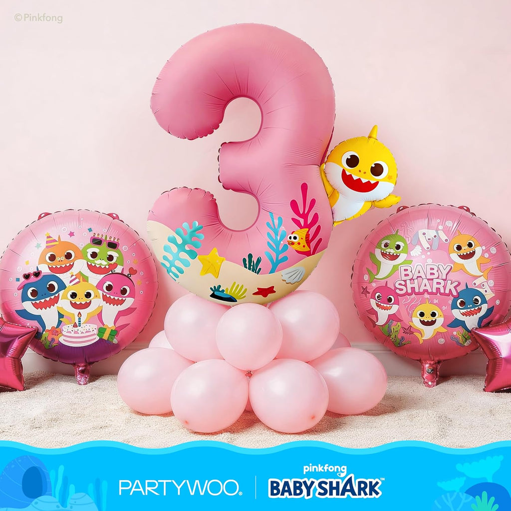 PartyWoo Baby Shark Pink Foil Number 3 Balloon - 5pcs 18-Inch Round Mylar Helium Birthday Decor