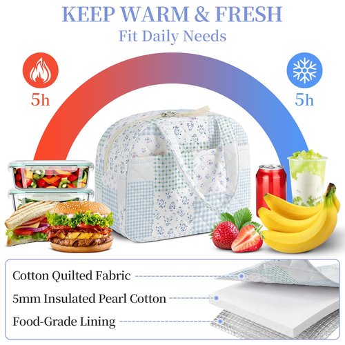 WOBAGMEN Quilted Lunch Box for Women,Coquette Aesthetic Lunch Box for Teen Girls,Cute Floral Lunch Bags for Work, School,Office,Picnic,Travel (green blue pin)