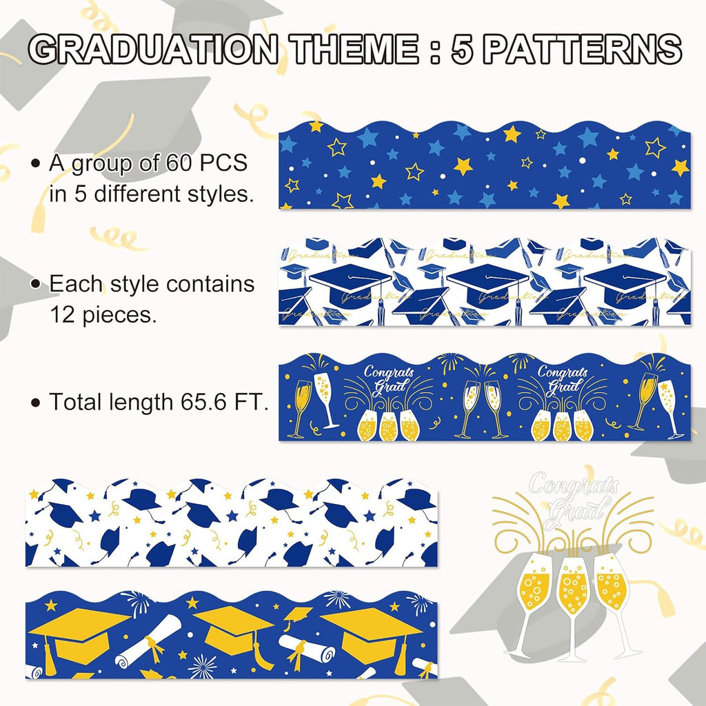 Whaline Graduation Bulletin Board Border - 69Ft Blue & Gold Cap & Star Design for Party Decor