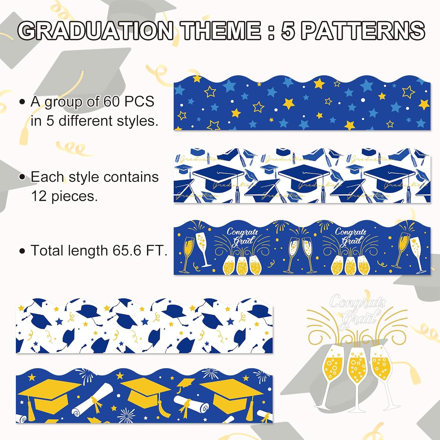 Whaline Graduation Bulletin Board Border - 69Ft Blue & Gold Cap & Star Design for Party Decor
