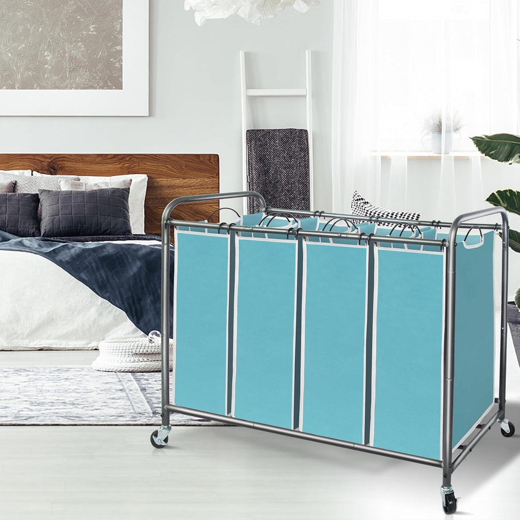 Storage Maniac Laundry Sorter - 4-Section 47.8 Gal Hamper with Wheels & Removable Bags - Blue