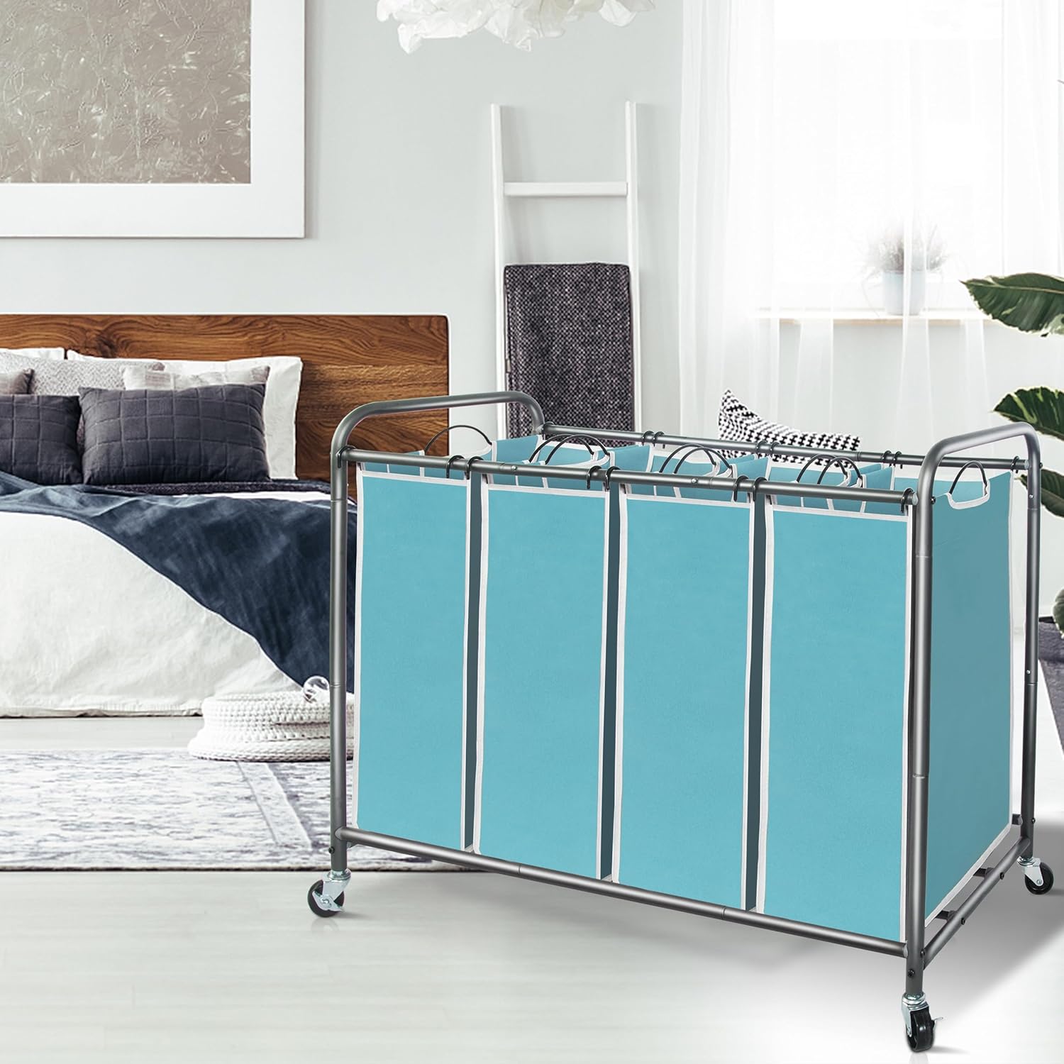 Storage Maniac Laundry Sorter - 4-Section Hamper Cart with Wheels & Removable Bags - 47.8 Gal, Blue