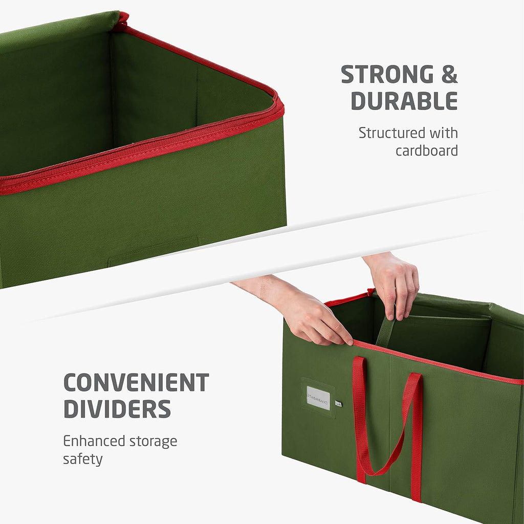 ZOBER Large Christmas Ornament Storage Box - Organizes 128 3" Ornaments with Dividers - Durable Green Container with Extra Pockets & Dual Zipper