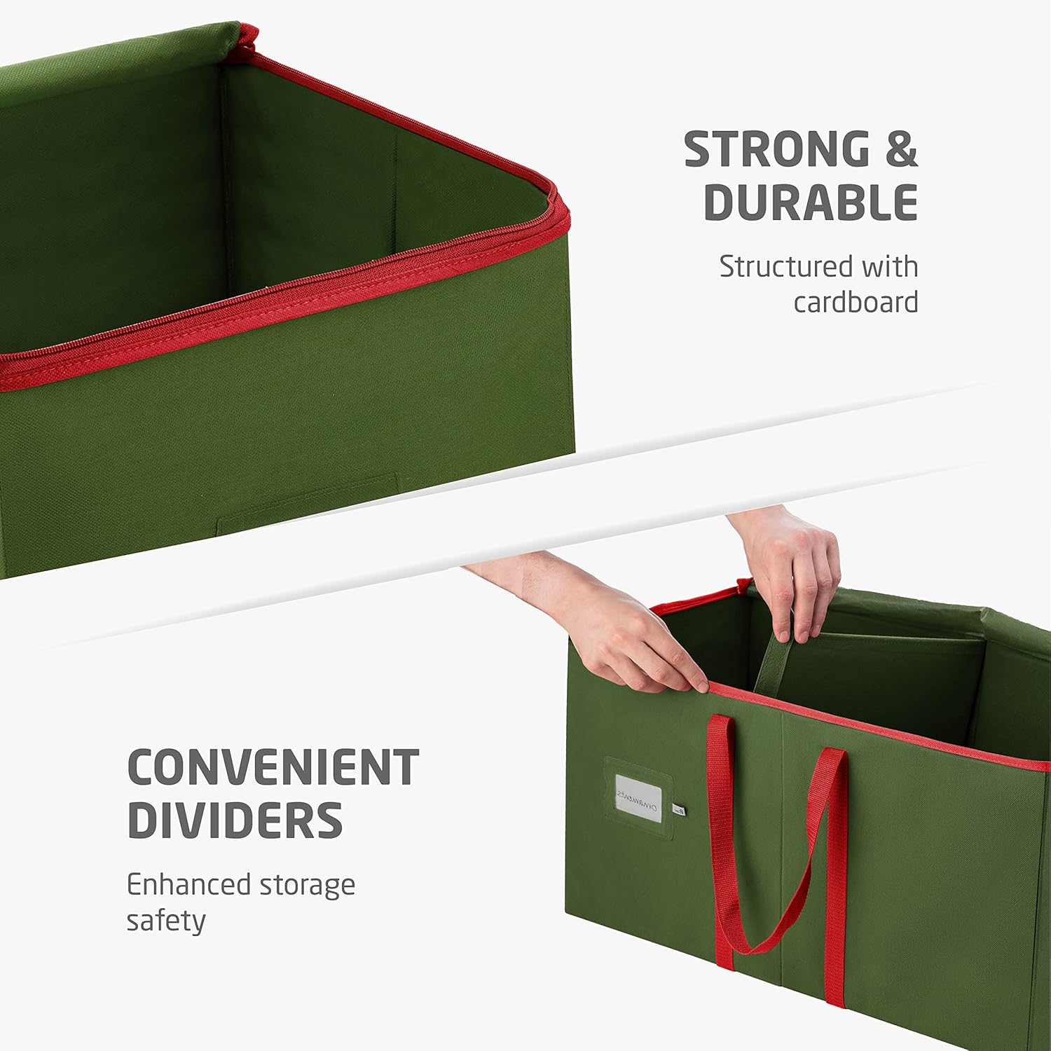 ZOBER Large Christmas Ornament Storage Box - Organizes 128 3" Ornaments with Dividers - Durable Green Container with Extra Pockets & Dual Zipper
