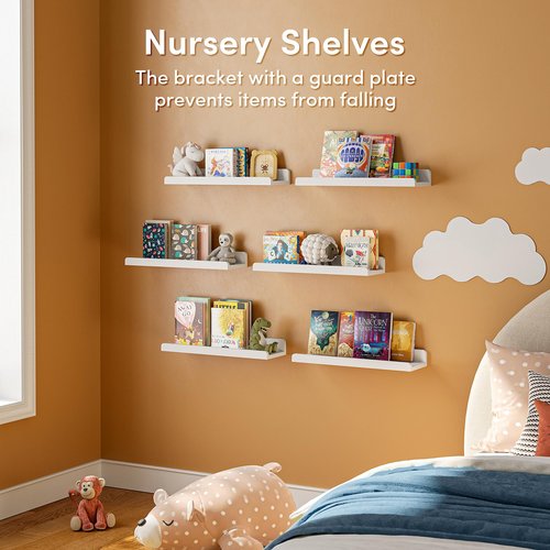 YUFLINX 16’’White Floating Shelves for Wall with Anti-Crash Design Set of 6,Nursery Book Shelves for Room Decor/Storage/Display,Hanging Wall Shelves for Bedroom, Bathroom, Living Room,Kids Room