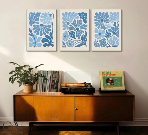 Blue Flower Market Canvas Wall Art - Boho Botanical Aesthetic Prints for Living Room Decor | Light Blue