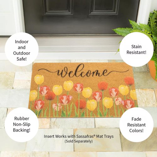 Floral-Welcome-Doormat for Spring-Outdoor Entrance Faux-Coir Entryway-Rug Non-Slip Dirt-Trapping Indoor-Outside Porch 17x30Inch