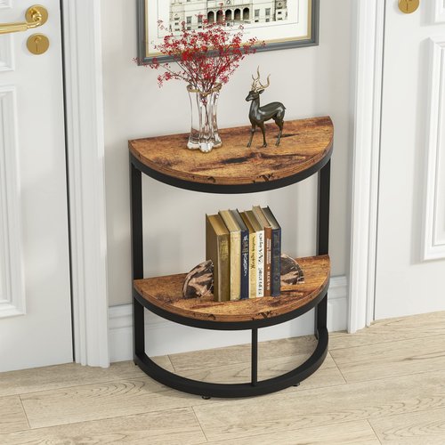 Tribesigns End Table Semi Circle, Small Half Round Side Table with Storage Shelf, Wood Accent Table Slim C Table for Sofa Couch, Living Room, Bedroom, Easy Assembly (Rustic Brown & Black, 2-Tier)