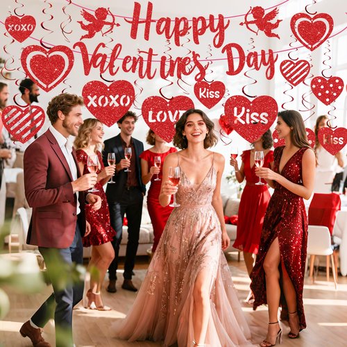 52Pcs Happy Valentines Day Decorations Valentine's Day Banner Glitter Valentine Hanging Swirls Ceiling Foil Decor Red Hearts Cutouts for Happy Valentine's Day Party Wedding Anniversary Theme Supplies