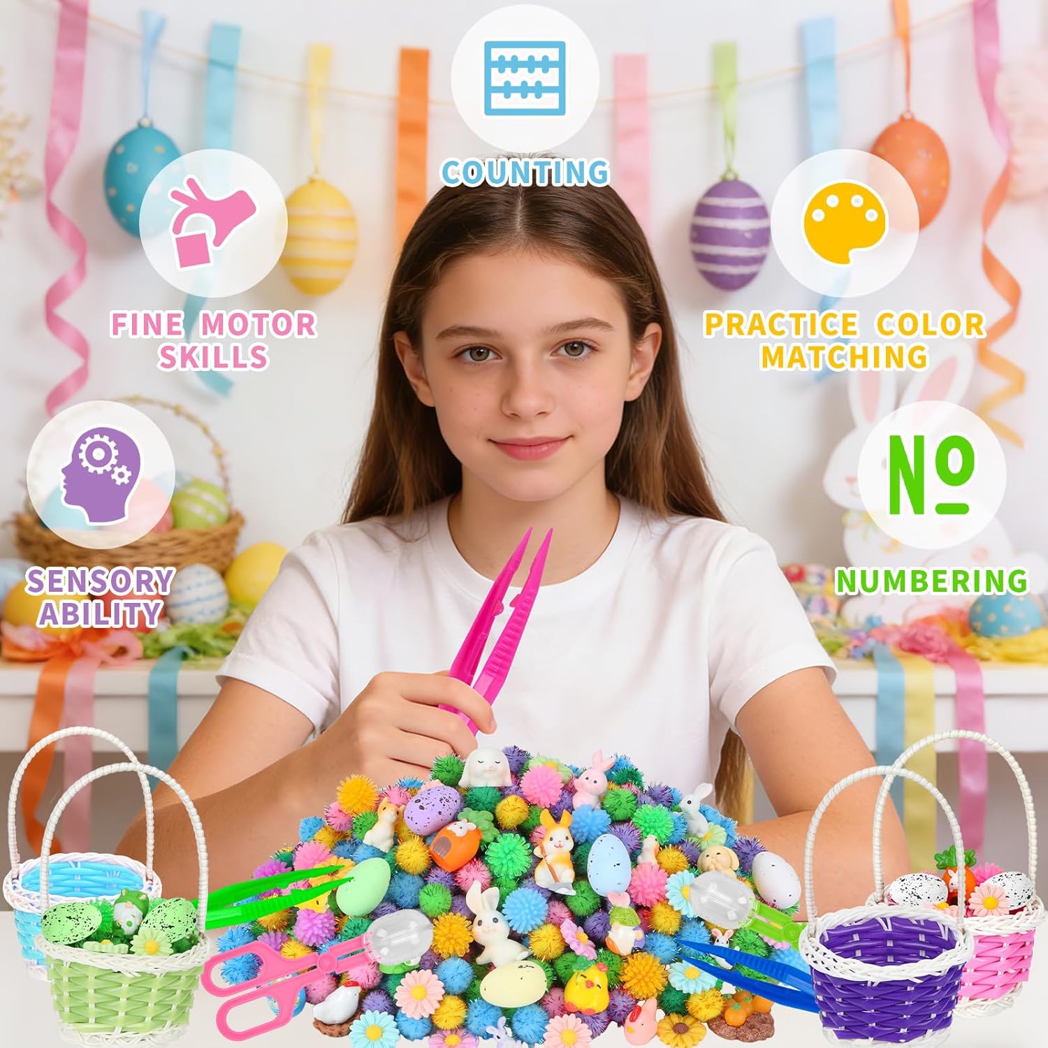 Skiennix Easter Sensory Bin Filler | 287 Pcs of Colorful Eggs, Bunnies, and Flowers for Learning Fun