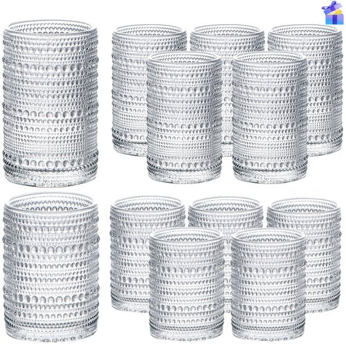 megarte Vintage Hobnail Drinking Glasses - Set of 12 Cocktail Glassware - 6 Pcs Jupiter Water Cups 14 oz & 6 Pcs Cute Beaded Bubble Textured Drinkware 11 oz for Wine Beer Juice Whiskey